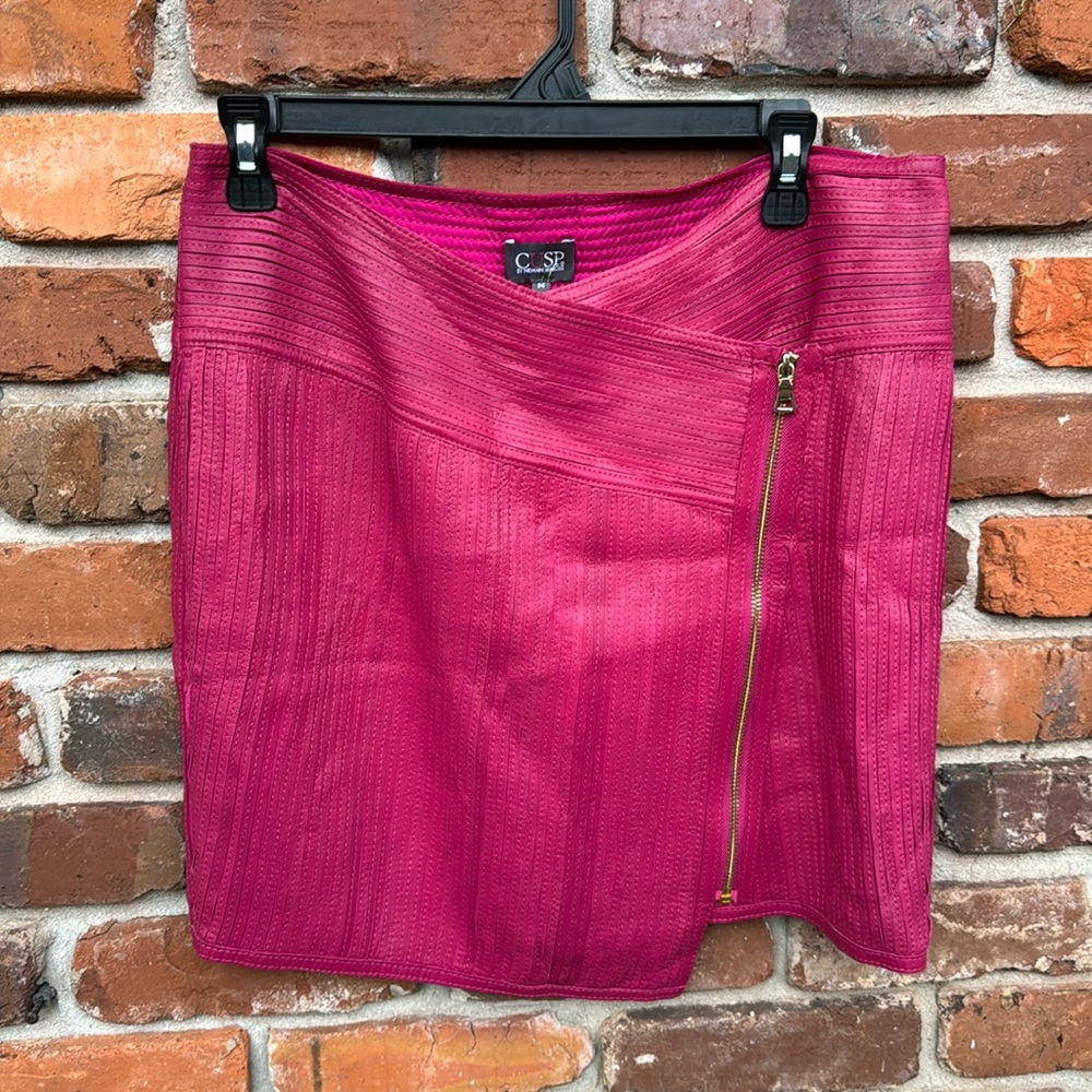 Leather Neiman Marcus Raspberry Lined Goldtone Zipper Mini Skirt M